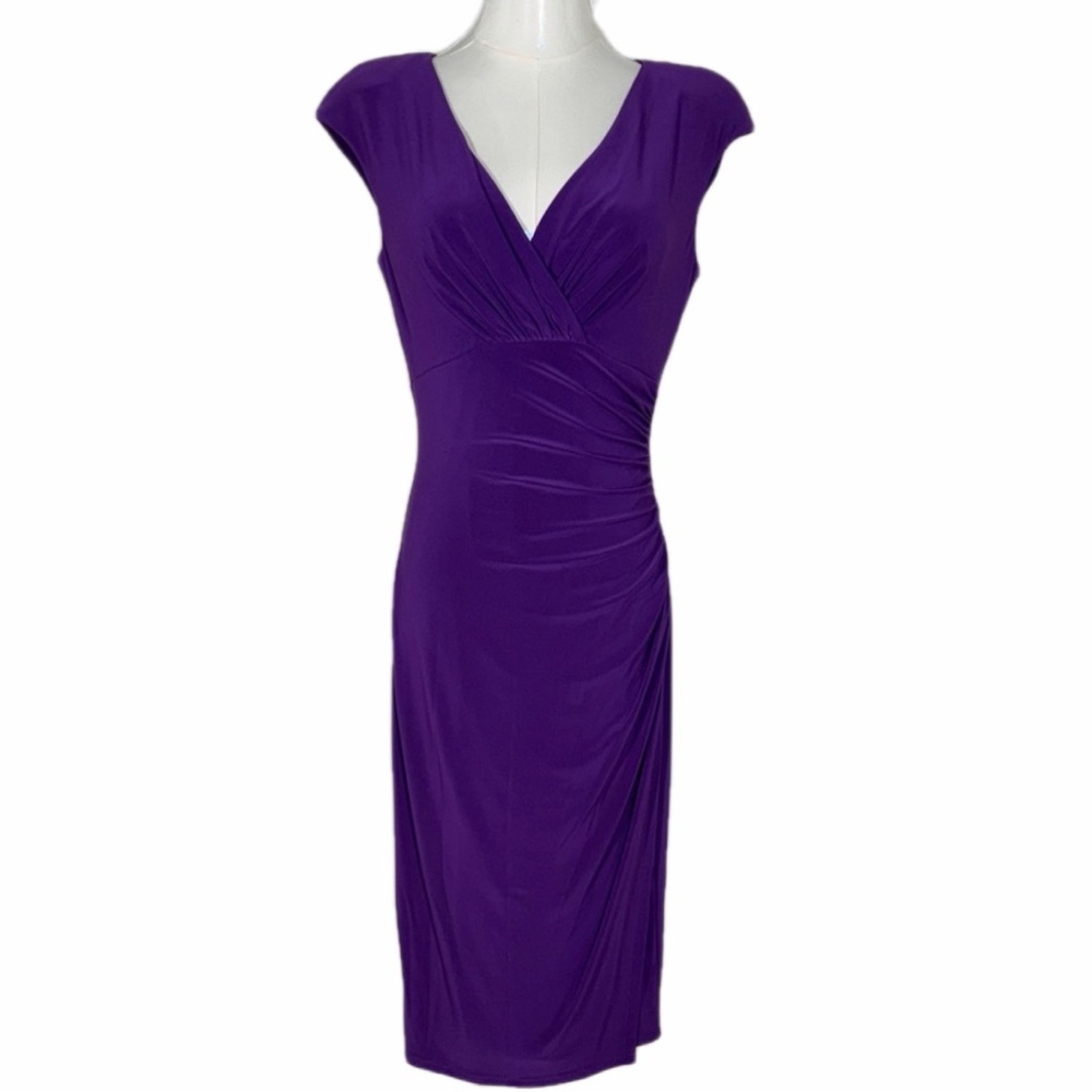 Lauren Ralph Lauren Purple Mock Wrap Ruched Sleeveless Pullover Dress Size 4